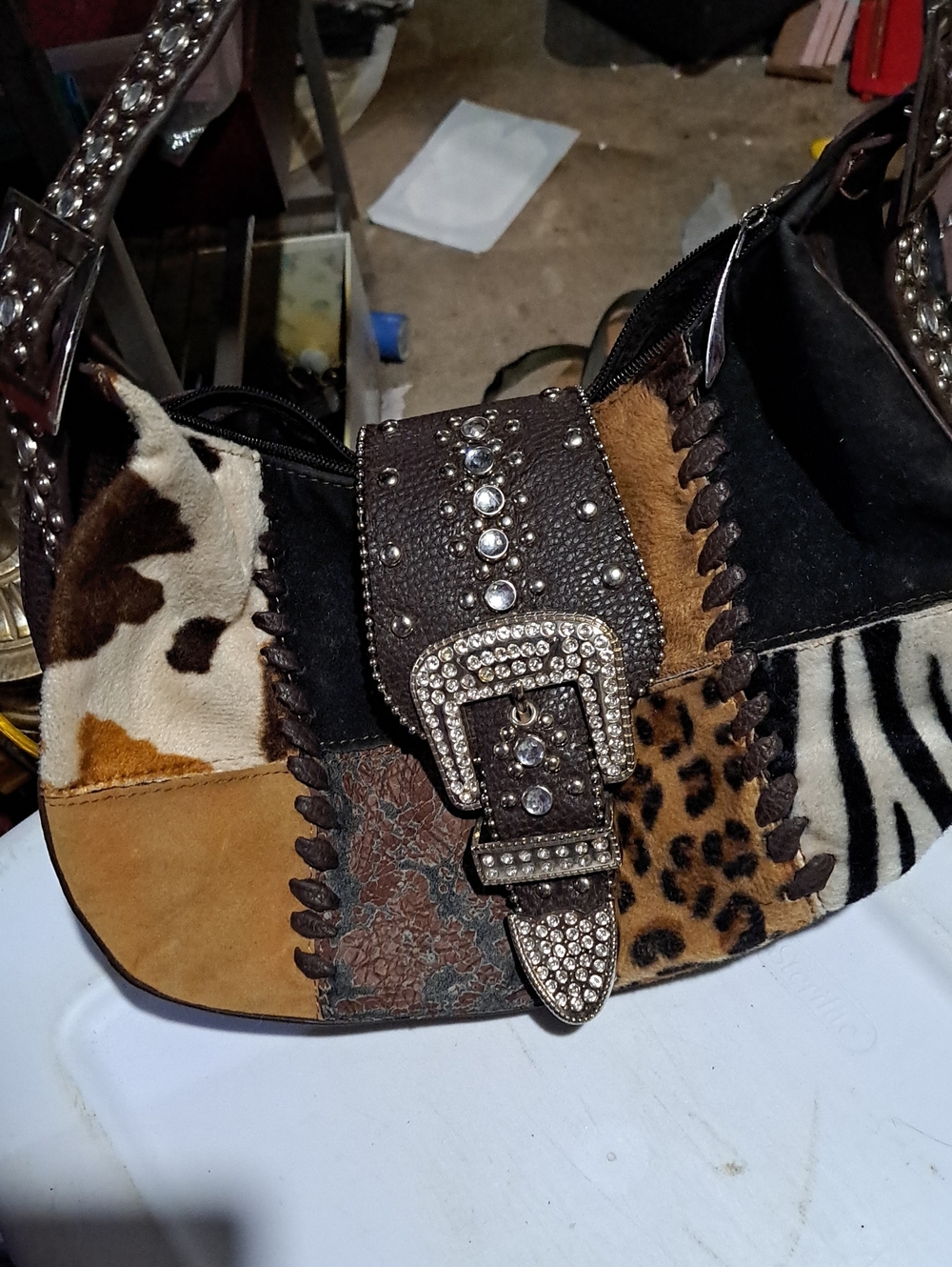 Studded Patchwork Leather Shoulder Bag - Brown Leopard Patch